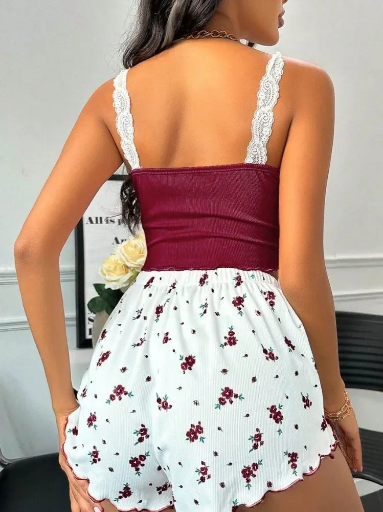 Sleepwear Summer Lace V-Neck Pajama Set Cami Top Printed Shorts Soft Pyjamas Nighties Loungewear
