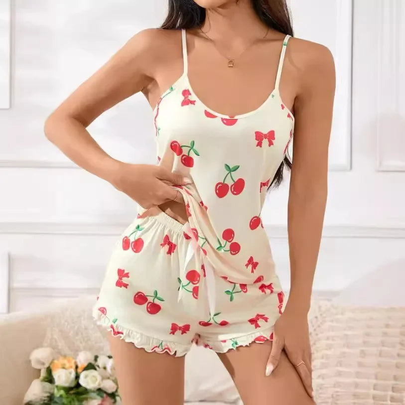 Sleepwear Summer Pajamas Set Breathable Soft Casual Cherry Print Straps Cami Tops and Shorts Set Homewear Loungewear