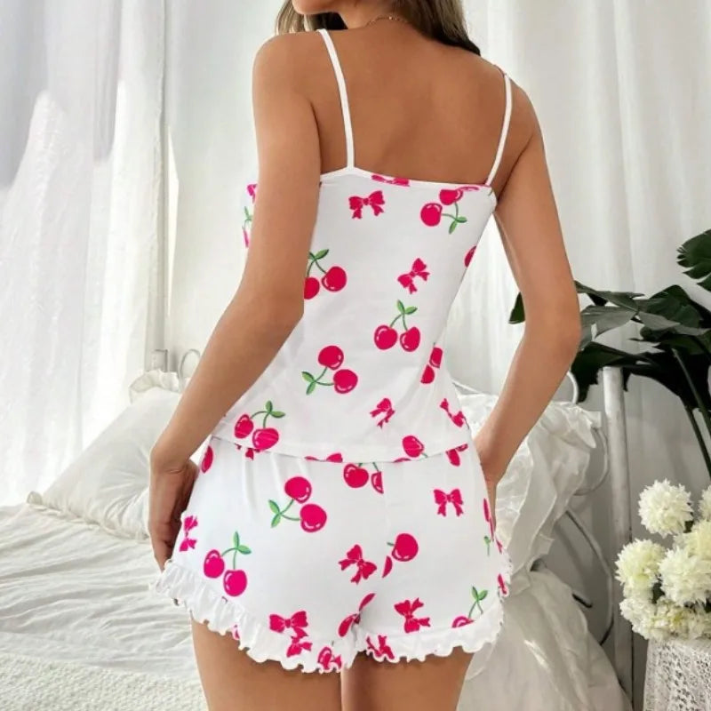 Sleepwear Summer Pajamas Set Breathable Soft Casual Cherry Print Straps Cami Tops and Shorts Set Homewear Loungewear