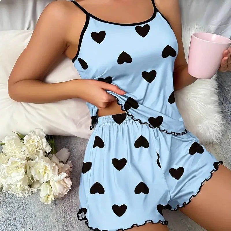 Sleepwear Summer Two-piece Pajamas Set Casual Leopard Printed Camisole Tops and Shorts Homewear Suit Loungewear