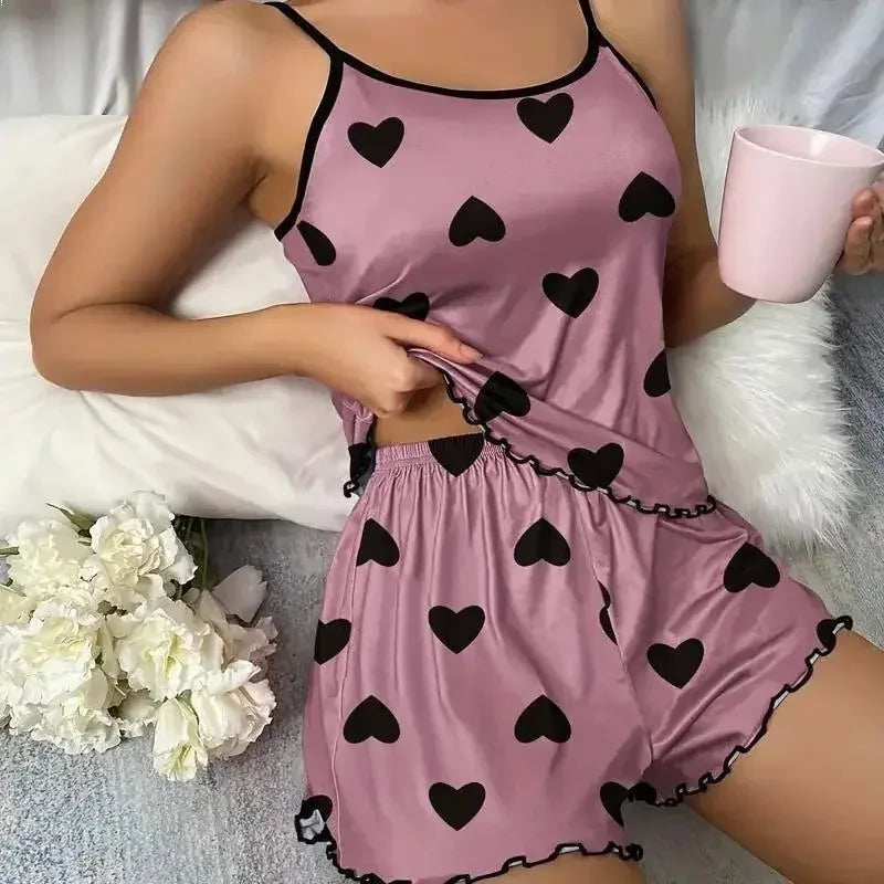 Sleepwear Summer Two-piece Pajamas Set Casual Leopard Printed Camisole Tops and Shorts Homewear Suit Loungewear