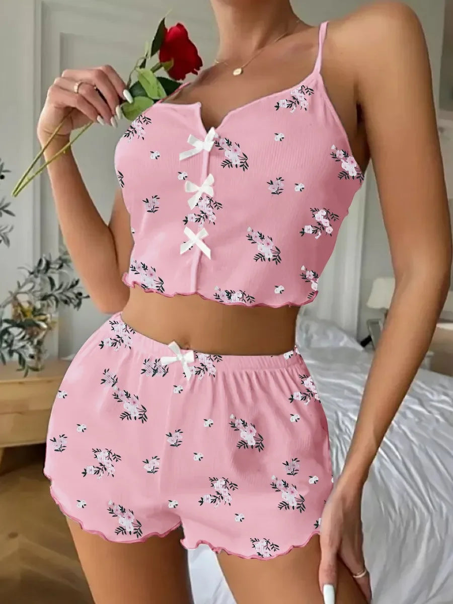 Summer Sleepwear Fashion Floral Print V Neck Cami Top and Lettuce Trim Shorts Pajama Set Loungewear Home Wear