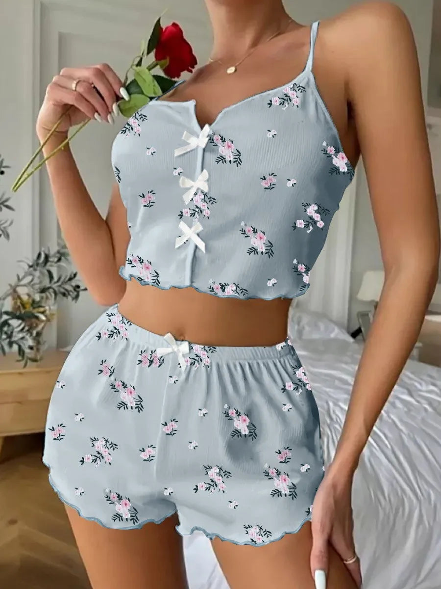 Summer Sleepwear Fashion Floral Print V Neck Cami Top and Lettuce Trim Shorts Pajama Set Loungewear Home Wear
