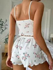 Summer Sleepwear Fashion Floral Print V Neck Cami Top and Lettuce Trim Shorts Pajama Set Loungewear Home Wear