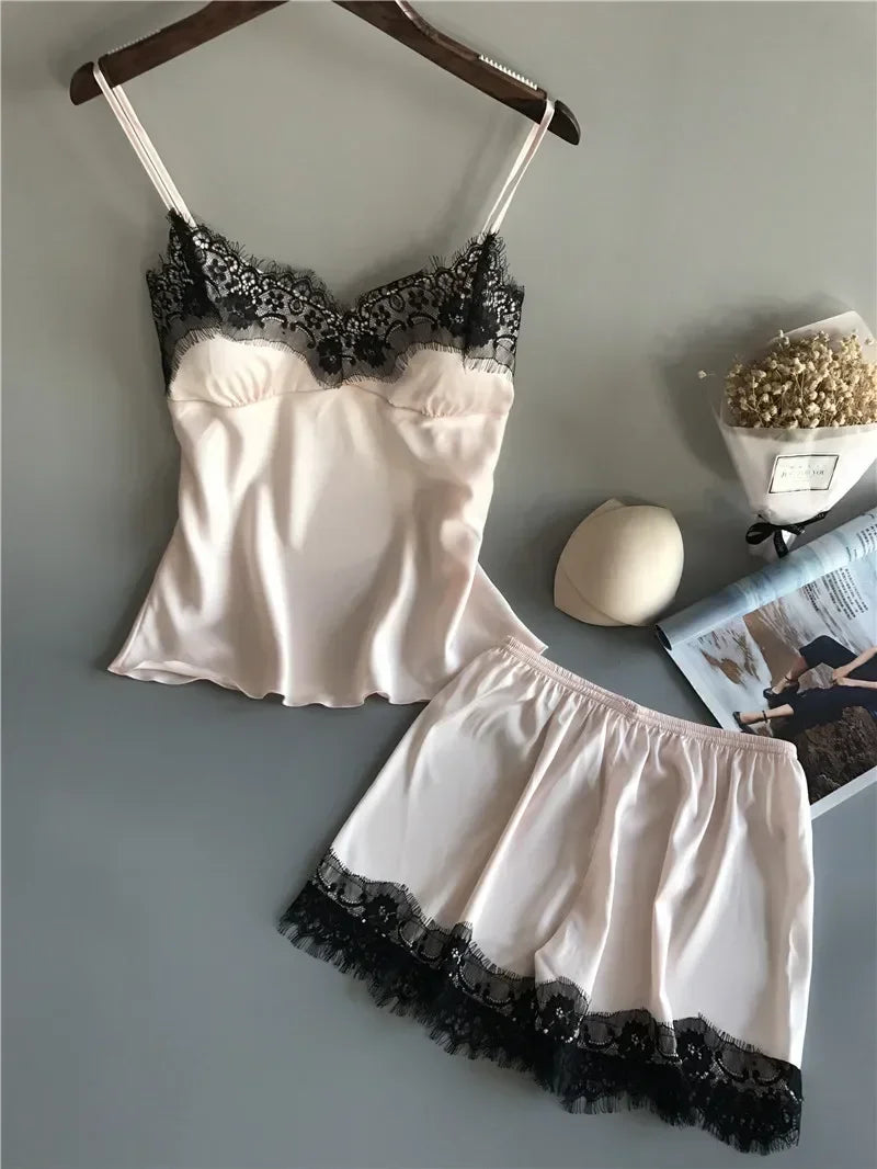 Summer Sleepwear Lace Satin Pajama Sets Lingerie Nightwear Sleeveless Tops+Shorts 2 Pcs Sets Loungewear