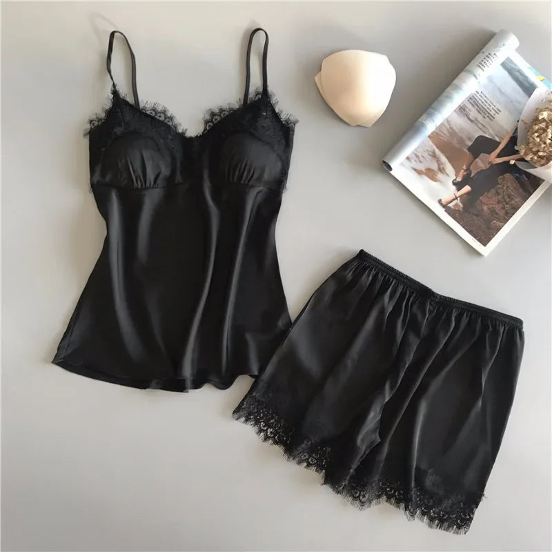 Summer Sleepwear Lace Satin Pajama Sets Lingerie Nightwear Sleeveless Tops+Shorts 2 Pcs Sets Loungewear