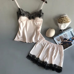 Summer Sleepwear Lace Satin Pajama Sets Lingerie Nightwear Sleeveless Tops+Shorts 2 Pcs Sets Loungewear