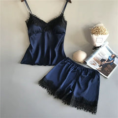 Summer Sleepwear Lace Satin Pajama Sets Lingerie Nightwear Sleeveless Tops+Shorts 2 Pcs Sets Loungewear
