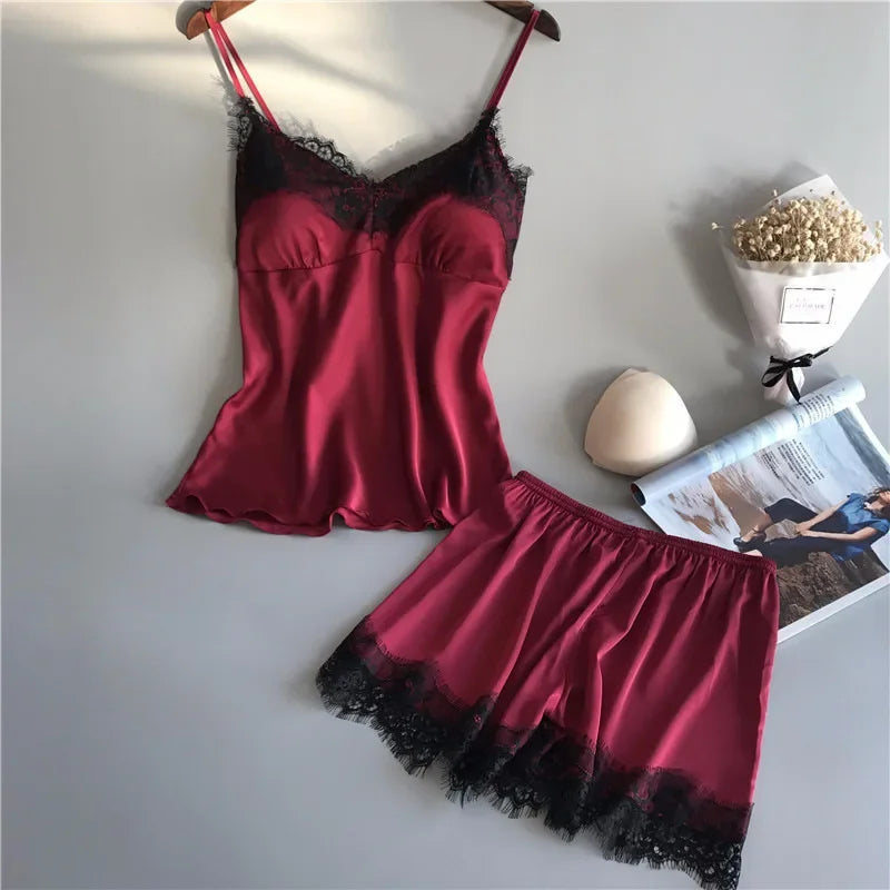 Summer Sleepwear Lace Satin Pajama Sets Lingerie Nightwear Sleeveless Tops+Shorts 2 Pcs Sets Loungewear