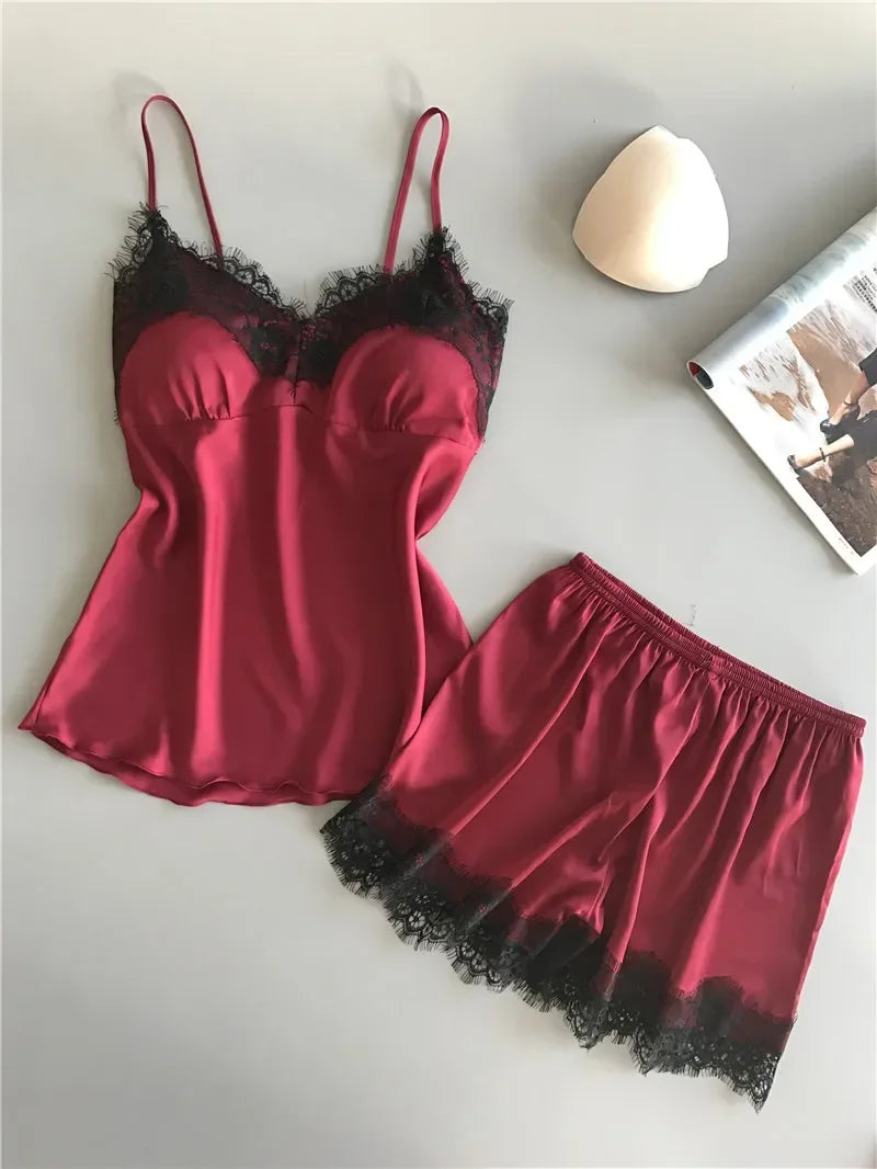 Summer Sleepwear Lace Satin Pajama Sets Lingerie Nightwear Sleeveless Tops+Shorts 2 Pcs Sets Loungewear