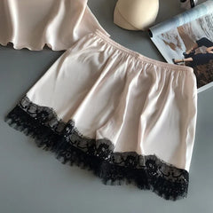 Summer Sleepwear Lace Satin Pajama Sets Lingerie Nightwear Sleeveless Tops+Shorts 2 Pcs Sets Loungewear