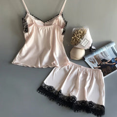 Summer Sleepwear Lace Satin Pajama Sets Lingerie Nightwear Sleeveless Tops+Shorts 2 Pcs Sets Loungewear