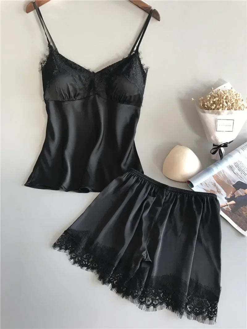Summer Sleepwear Lace Satin Pajama Sets Lingerie Nightwear Sleeveless Tops+Shorts 2 Pcs Sets Loungewear