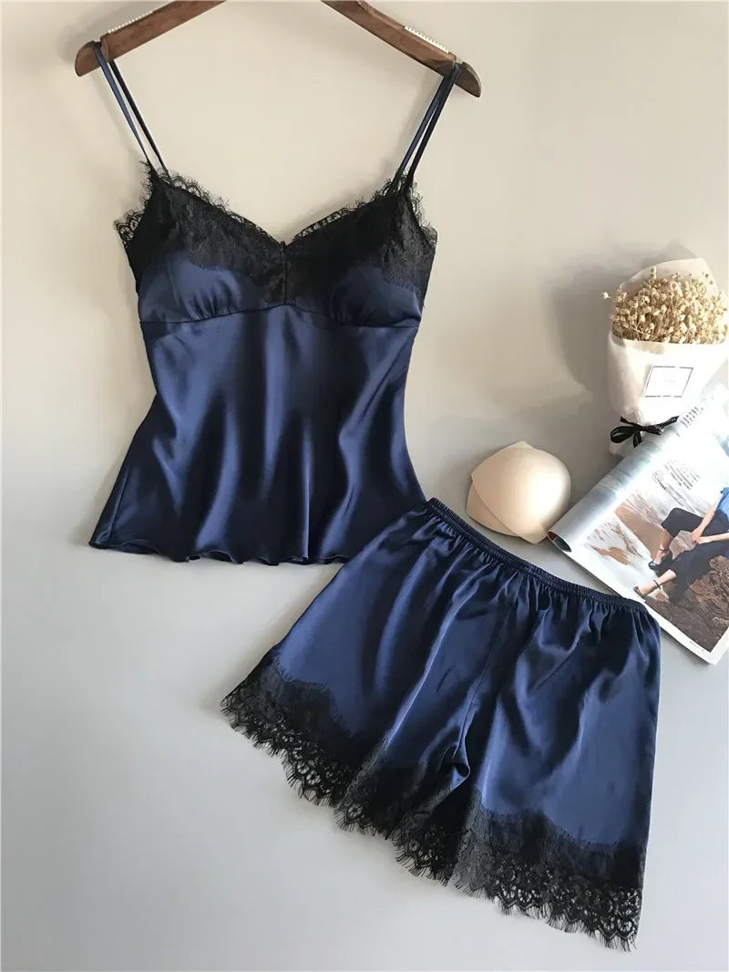 Summer Sleepwear Lace Satin Pajama Sets Lingerie Nightwear Sleeveless Tops+Shorts 2 Pcs Sets Loungewear