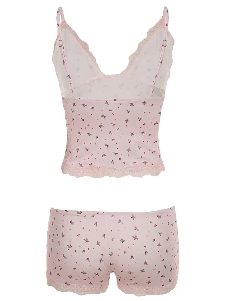 Two-pieces Pajamas Set Pink Floral Lace Patchwork Sleepwear Sleeveless Camisoles and Slim Cute Shorts Loungewear