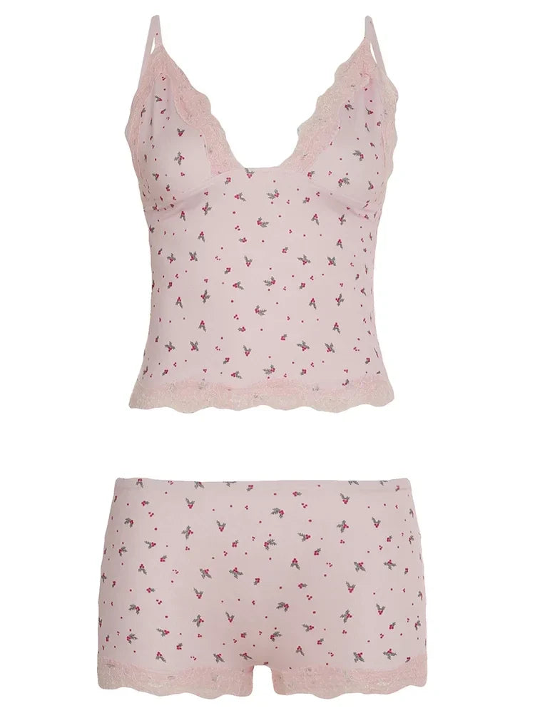 Two-pieces Pajamas Set Pink Floral Lace Patchwork Sleepwear Sleeveless Camisoles and Slim Cute Shorts Loungewear