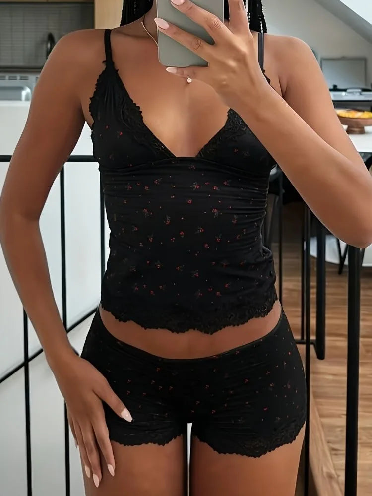 Two-pieces Pajamas Set Pink Floral Lace Patchwork Sleepwear Sleeveless Camisoles and Slim Cute Shorts Loungewear