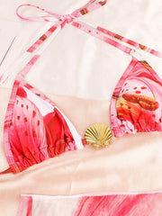 3pcs Bikini Set â€?Pink Floral Triangle Top