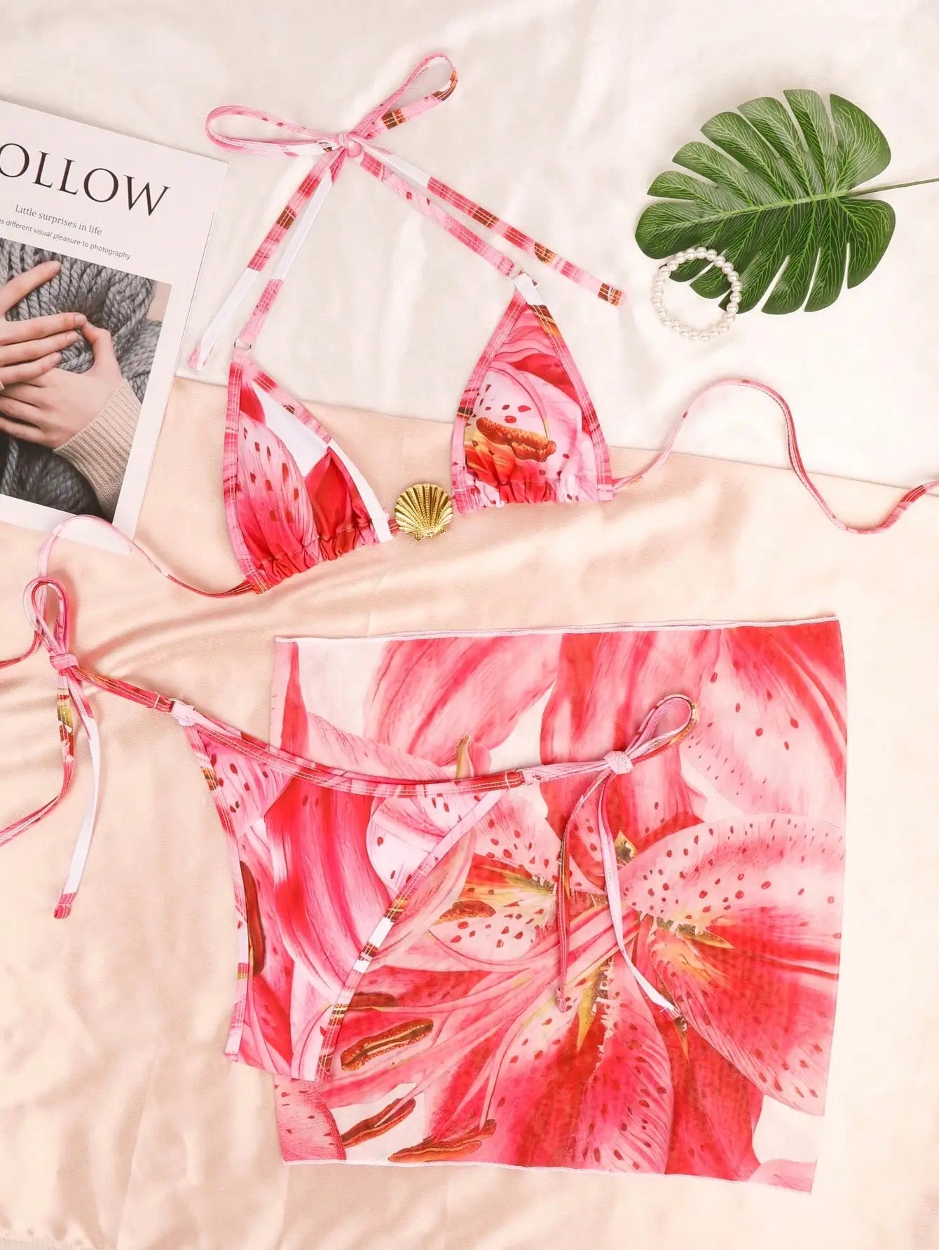 3pcs Bikini Set â€?Pink Floral Triangle Top