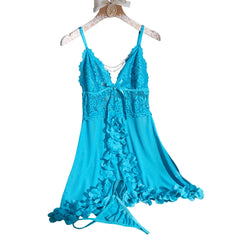 Blue Lace Babydolls Lingerie Set - Deep V-Neck Spaghetti Strap Chemise With Matching Thong Babydoll Nightgown New