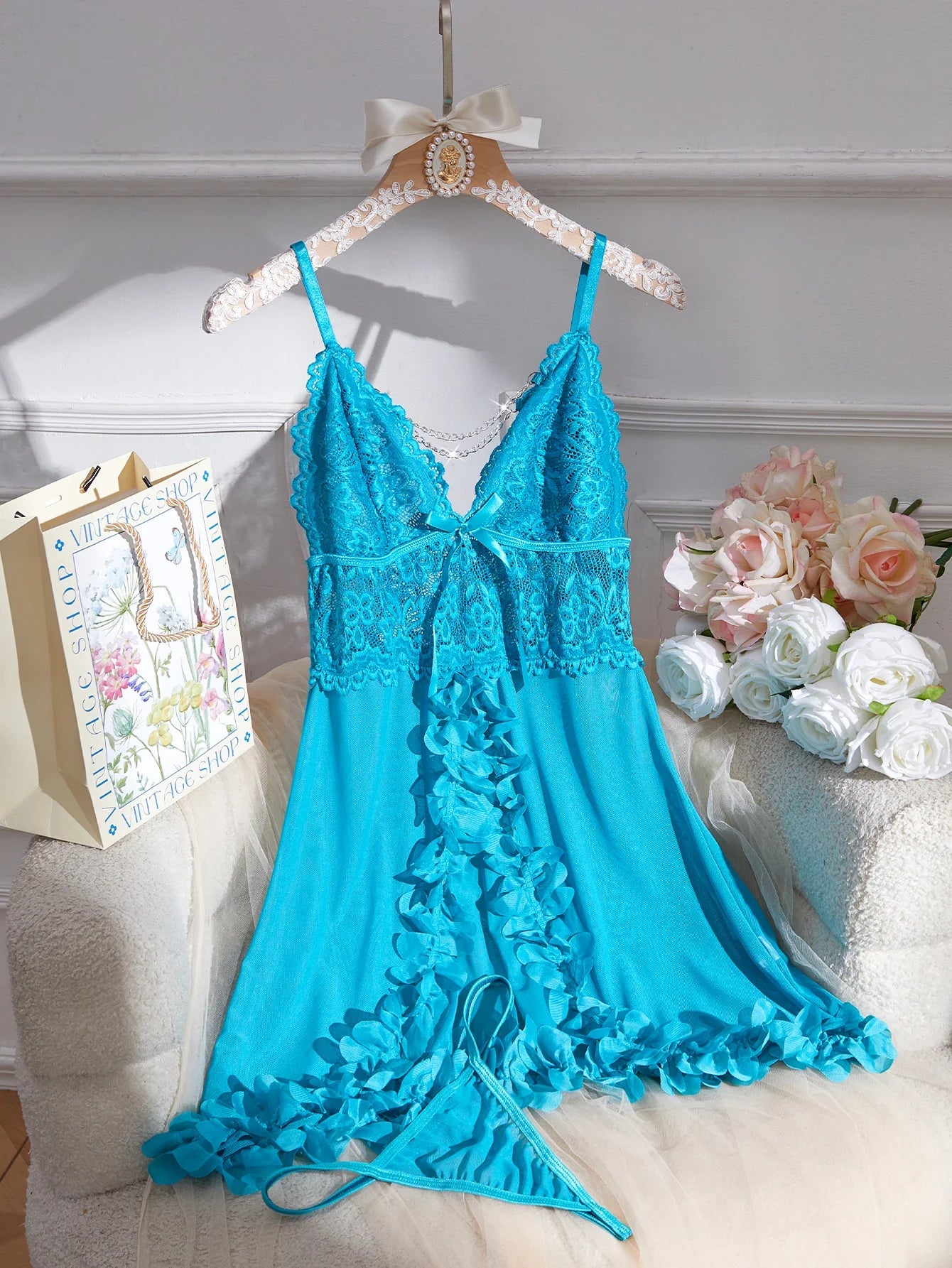 Blue Lace Babydolls Lingerie Set - Deep V-Neck Spaghetti Strap Chemise With Matching Thong Babydoll Nightgown New