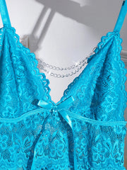 Blue Lace Babydolls Lingerie Set - Deep V-Neck Spaghetti Strap Chemise With Matching Thong Babydoll Nightgown New