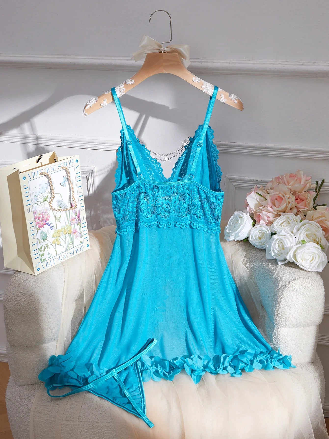 Blue Lace Babydolls Lingerie Set - Deep V-Neck Spaghetti Strap Chemise With Matching Thong Babydoll Nightgown New