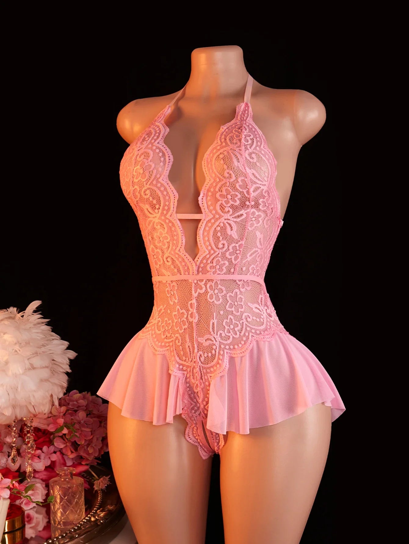 Bodysuit Rose Crotchless Adult Erotic Lingerie Lace Deep V-neck Temptation Underwear Valentine's Gift