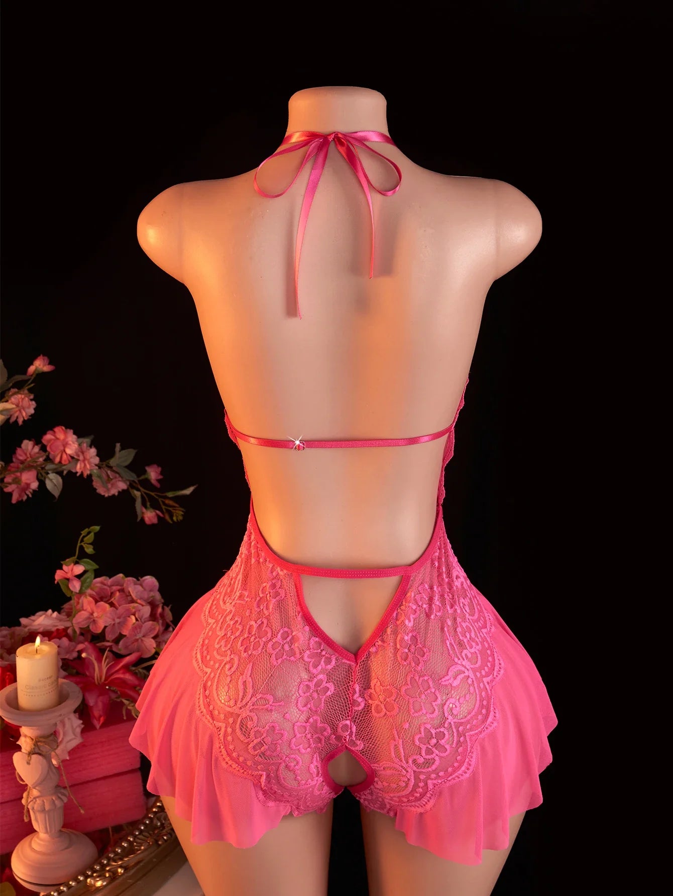 Bodysuit Rose Crotchless Adult Erotic Lingerie Lace Deep V-neck Temptation Underwear Valentine's Gift