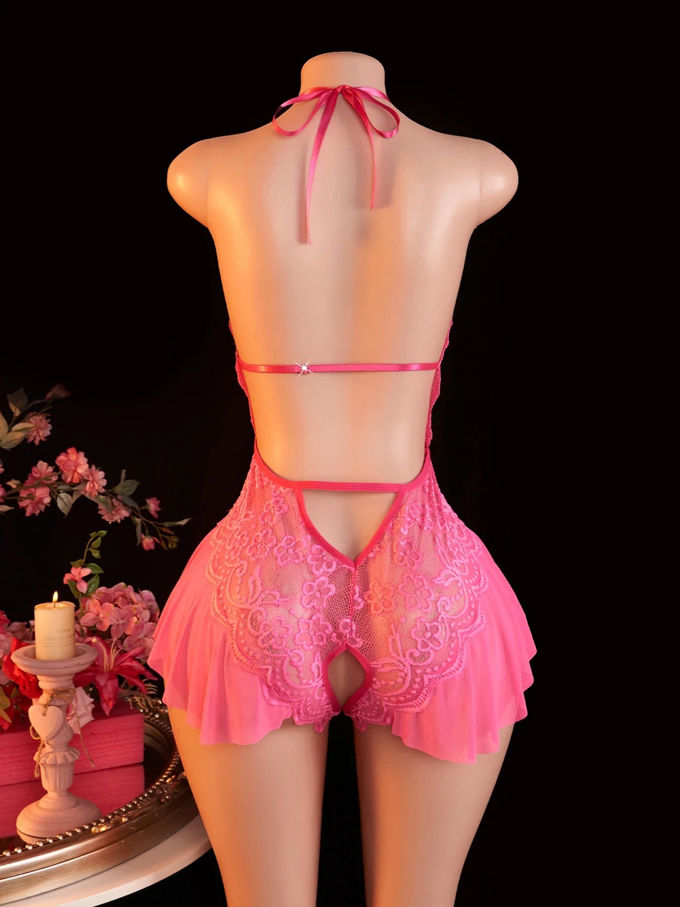 Bodysuit Rose Crotchless Adult Erotic Lingerie Lace Deep V-neck Temptation Underwear Valentine's Gift