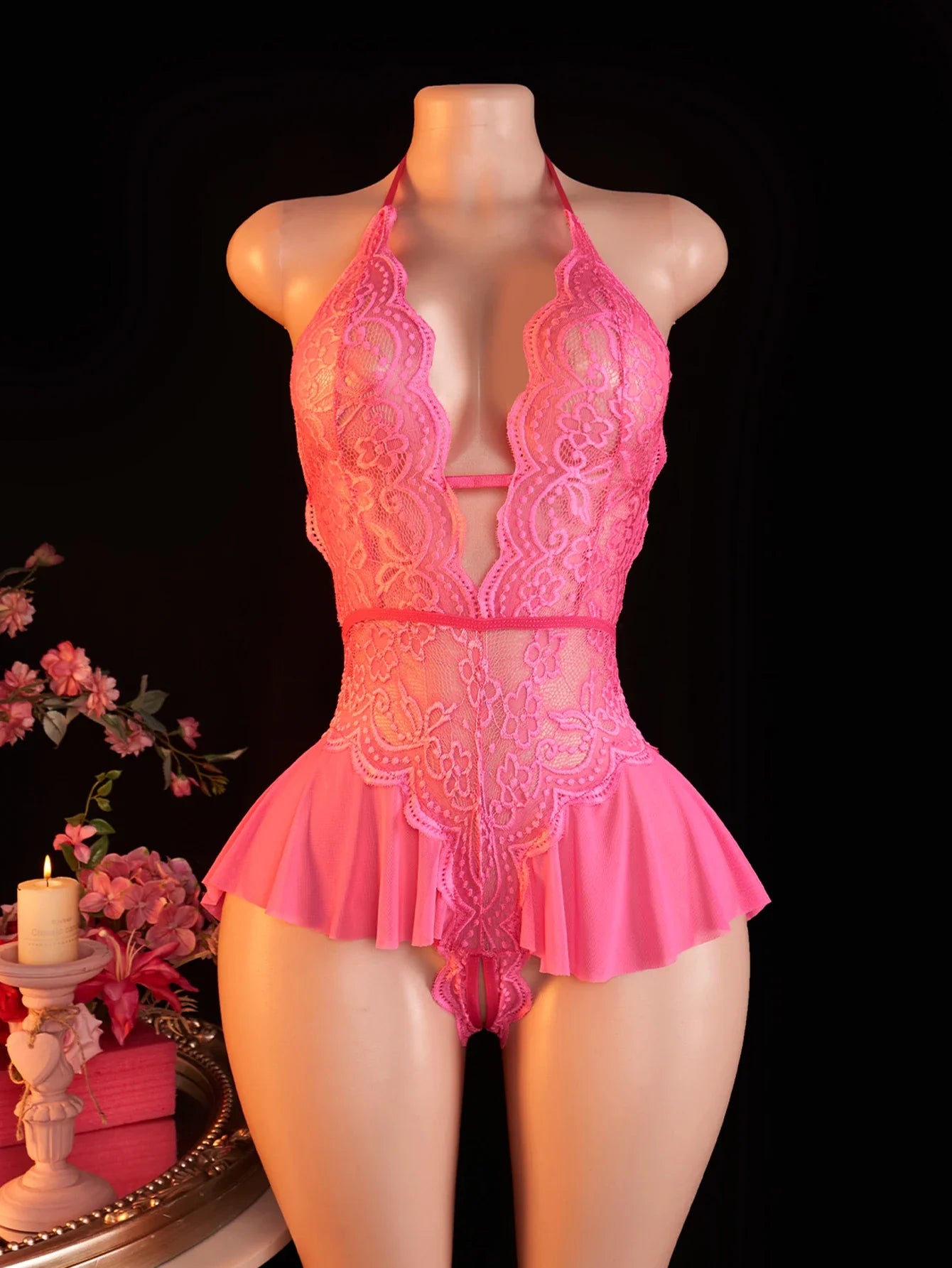 Bodysuit Rose Crotchless Adult Erotic Lingerie Lace Deep V-neck Temptation Underwear Valentine's Gift