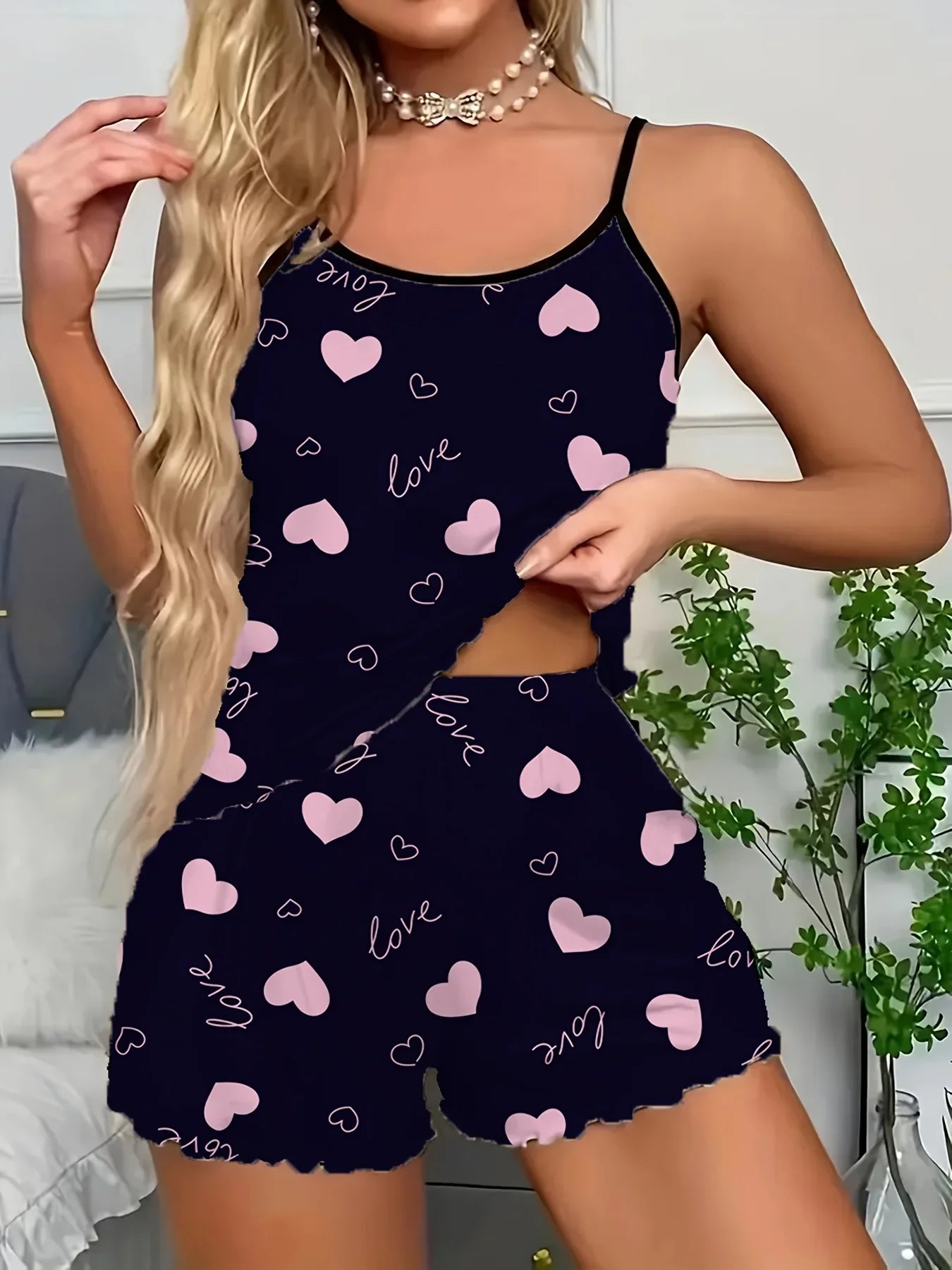 Bow Heart Print Pajamas Set Home Wear Backless Crop Top and Shorts