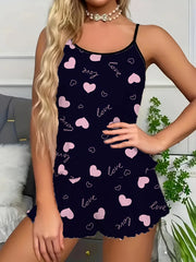 Bow Heart Print Pajamas Set Home Wear Backless Crop Top and Shorts