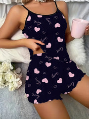 Bow Heart Print Pajamas Set Home Wear Backless Crop Top and Shorts