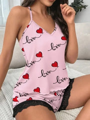Casual Pajamas Set Summer Sleepwear 2 Pieces Sleeveless V-Neck Heart Print Cami Tops and Shorts Set Loungewear