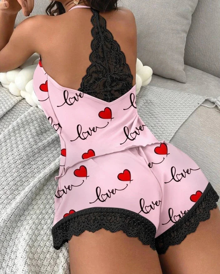 Casual Pajamas Set Summer Sleepwear 2 Pieces Sleeveless V-Neck Heart Print Cami Tops and Shorts Set Loungewear