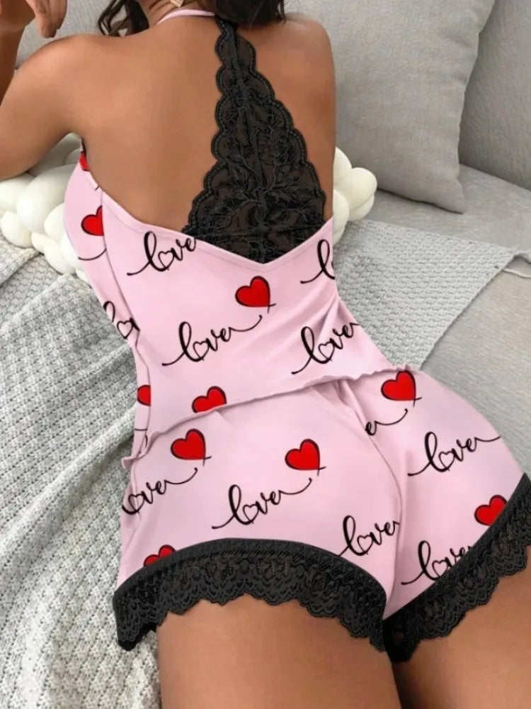 Casual Pajamas Set Summer Sleepwear 2 Pieces Sleeveless V-Neck Heart Print Cami Tops and Shorts Set Loungewear