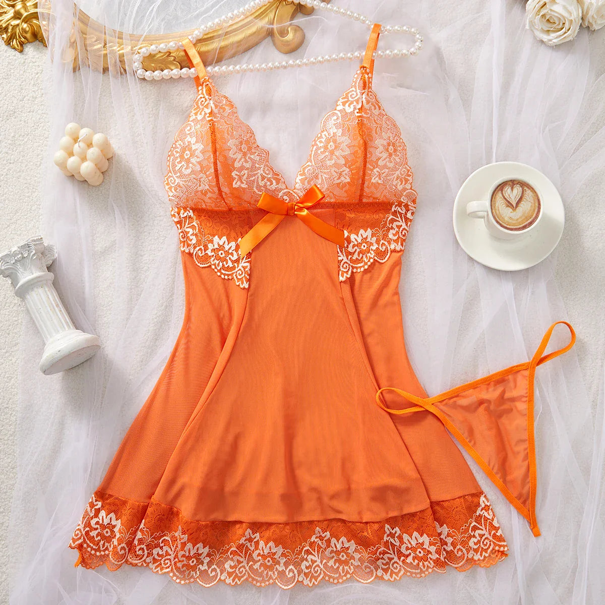 Contrast Floral Sheer Nightdress Set Dress