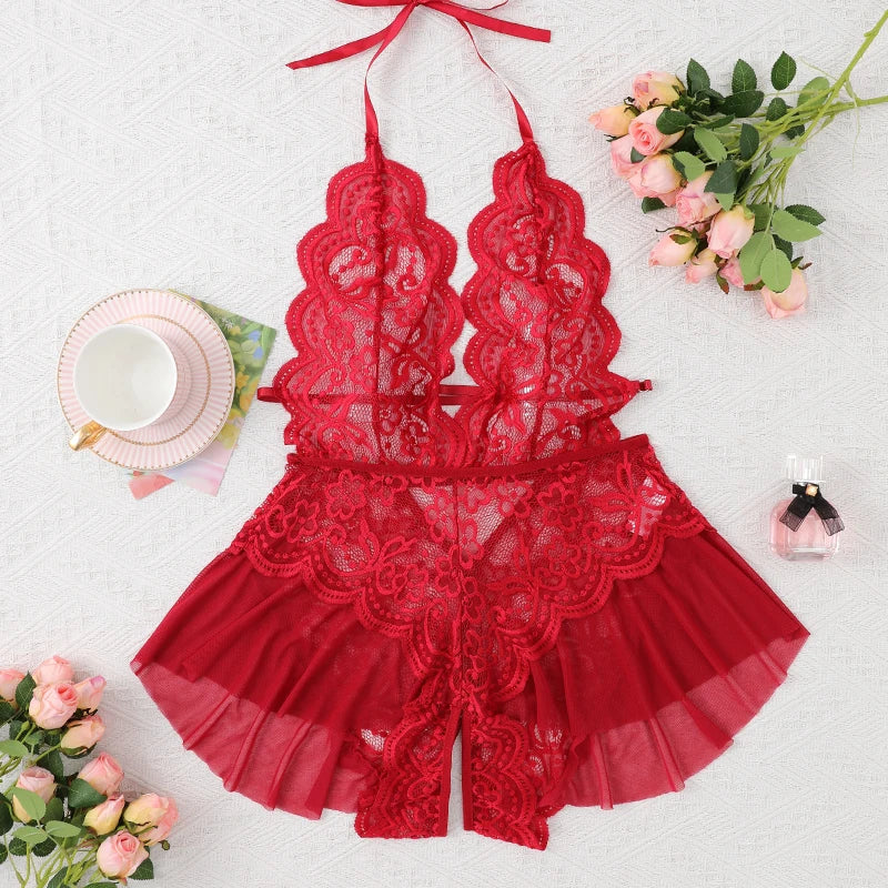 Hollow Crotchless Bodysuit Slim Fit Erotic Mesh Lace Jumpsuit Bodysuit Summer Fashion Sleepwear Dress