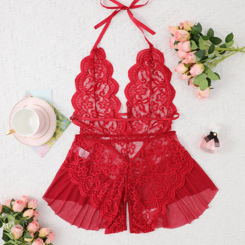 Hollow Crotchless Bodysuit Slim Fit Erotic Mesh Lace Jumpsuit Bodysuit Summer Fashion Sleepwear Dress