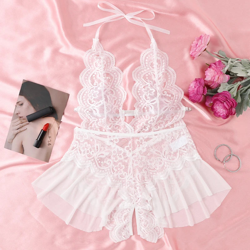 Hollow Crotchless Bodysuit Slim Fit Erotic Mesh Lace Jumpsuit Bodysuit Summer Fashion Sleepwear Dress