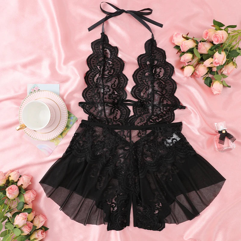 Hollow Crotchless Bodysuit Slim Fit Erotic Mesh Lace Jumpsuit Bodysuit Summer Fashion Sleepwear Dress