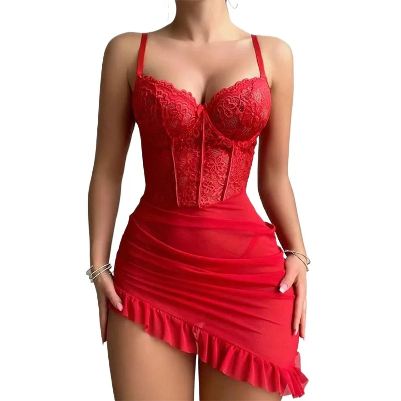 Lace Lingerie Summer Transparent Dress Underwear Nightdress Delicate Nightgown with Panties Babydolls