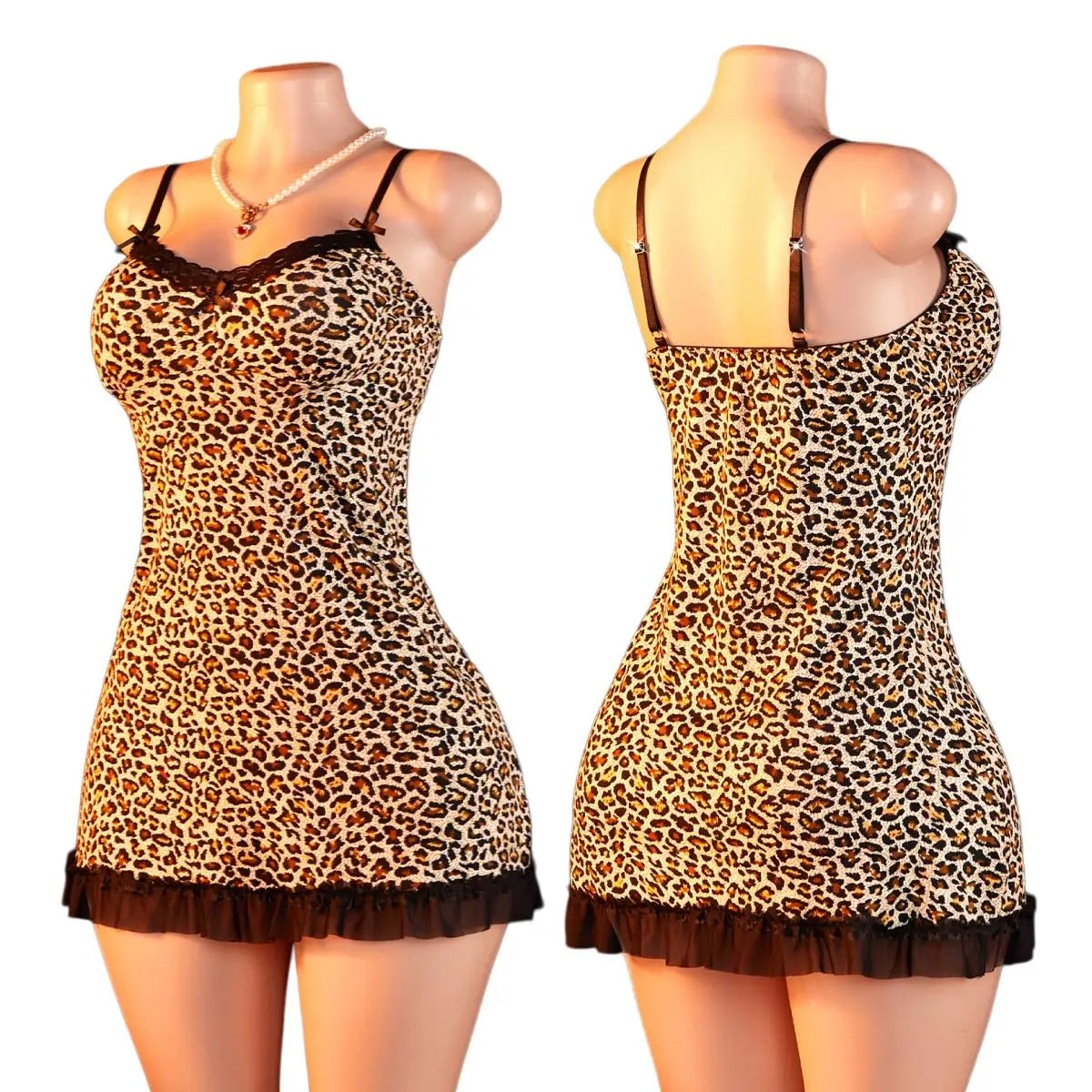Leopard Print Lace Nightgown V-neck Plunging Seductive Lingerie Dress Exotic Summer Date Night Outfit