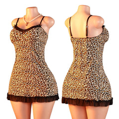 Leopard Print Lace Nightgown V-neck Plunging Seductive Lingerie Dress Exotic Summer Date Night Outfit