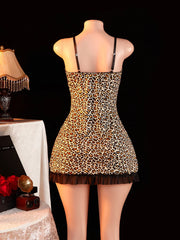 Leopard Print Lace Nightgown V-neck Plunging Seductive Lingerie Dress Exotic Summer Date Night Outfit