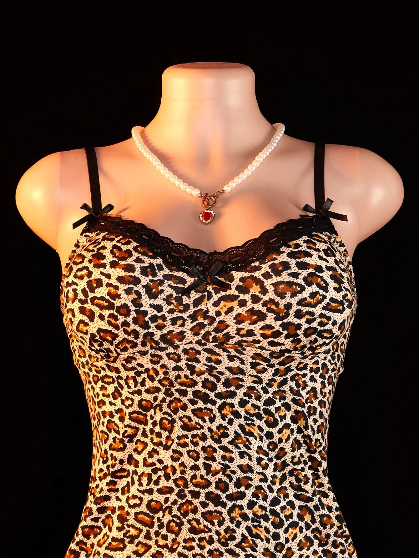 Leopard Print Lace Nightgown V-neck Plunging Seductive Lingerie Dress Exotic Summer Date Night Outfit