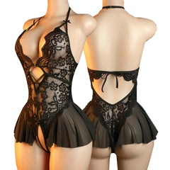 Lingerie Lace Flower Print Semi Transparent Deep V-neck Hanging Neck Unobstructed Adult Style One-piece Dress