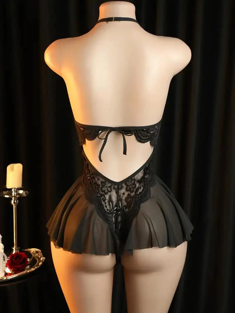 Lingerie Lace Flower Print Semi Transparent Deep V-neck Hanging Neck Unobstructed Adult Style One-piece Dress