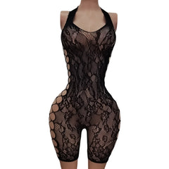 Low-Neck Side-Mesh Elastic Onesie Hanging Strap Hollow out Floral Pattern Transparent Full-Leg Bodysuit